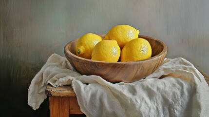 Fresh Lemons in Wooden Bowl on Rustic Table with Soft Linen Cloth © InfinityArtCreator