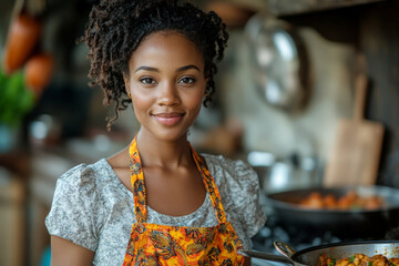 A smiling woman stands in a cozy rustic kitchen, wearing a patterned apron, ready to cook a meal.