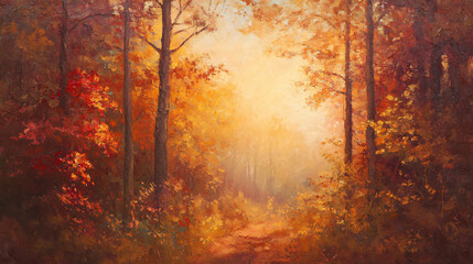 Golden sunrise in an autumn forest with warm mist, colorful foliage, and vibrant fall hues