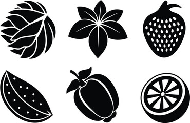 6 Vector Silhouette Fruits Icon Set - Minimalist Fruit Clipart Collection