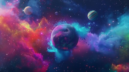 Vibrant abstract planets floating in a neon galaxy, with colorful cosmic dust surrounding them.