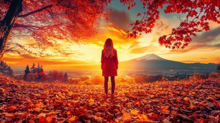 Obraz premium Mount Fuji surrounded by vibrant autumn trees, with golden leaves covering the ground under a glowing sunset.