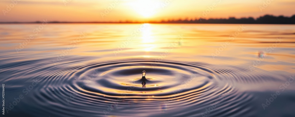 Poster a serene sunset over a calm lake, highlighted by ripples created by a single droplet creating a tran