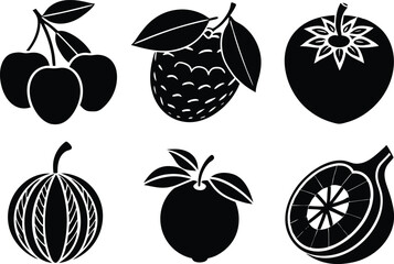 6 Vector Silhouette Fruits Icon Set - Minimalist Fruit Clipart Collection