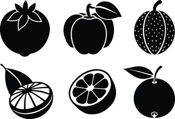 6 Vector Silhouette Fruits Icon Set - Minimalist Fruit Clipart Collection