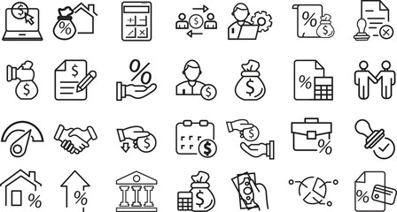 BUSINESS & loan thin line vector icon set. Pixel perfect. Editable stroke. The set contains icons: Investment, Wealth Growth, Business Strategy, Target, Wealth Insurance with transparent background.