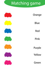 Find the correct names of colors, matching game for children in cartoon style, education reading game for kids, preschool worksheet activity, task for the development, vector illustration