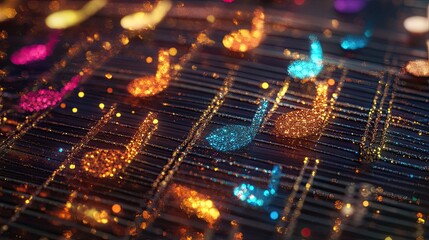 Naklejka premium A lively music sheet featuring colorful 3D glitter notes on the staff, blending sparkle with classic artistry for vibrant music-themed visuals.