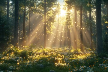 Fototapeta premium A serene forest scene with sunlight filtering through trees, illuminating flowers and foliage.