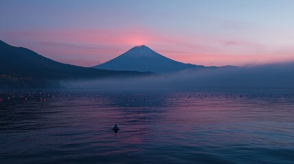 Mount Fuji with its peak glowing at twilight, surrounded by colorful autumn foliage and serene waters.