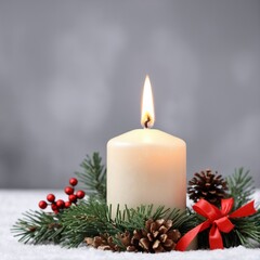 Christmas Candle with natural decoration - Advent - Christmas and New Year Greeting Card, Banner, Panorama with copy space