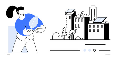 Woman holding a leaf symbolizes sustainability near buildings with solar panels, trees, and eco-friendly designs. Ideal for environmental campaigns, sustainability, green energy, urban planning