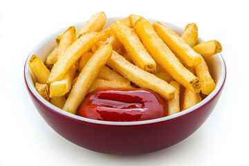 Freshly Fried Crispy French Fries in Red Bowl with Bright Red Ketchup on White Background Perfect for Food and Culinary Photography