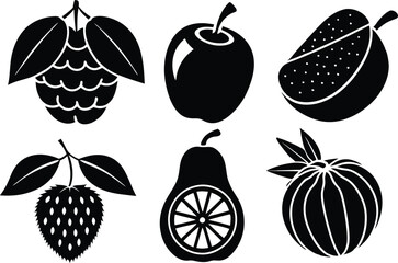 6 Vector Silhouette Fruits Icon Set - Minimalist Fruit Clipart Collection