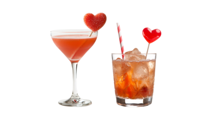 Valentine cocktails with red and pink hearts, perfect for celebrations. Isolated on white/transparent background