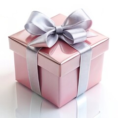 Obraz premium light pink gift box with a shiny silver ribbon on white background