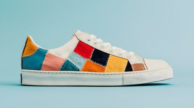 Vibrant patchwork sneakers displayed against a soft blue background - Powered by Adobe