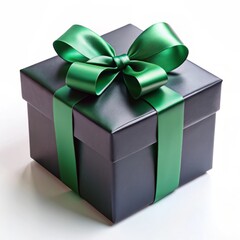 Obraz premium Matte Black Gift Box with Shiny Emerald Green Bow on White Background, Sleek and Minimalist