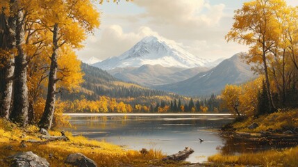 Fototapeta premium Realistic Mount Fuji in autumn, surrounded by golden foliage and a clear, reflective lake in the foreground.