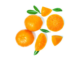 tangerines with leaves isolated on white background.