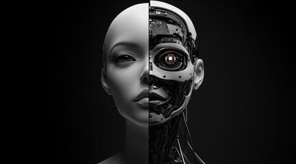 Half-human half-robot fusion in stark monochrome style