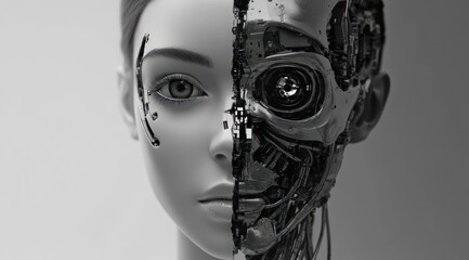 Young woman's face merges with intricately wired robot