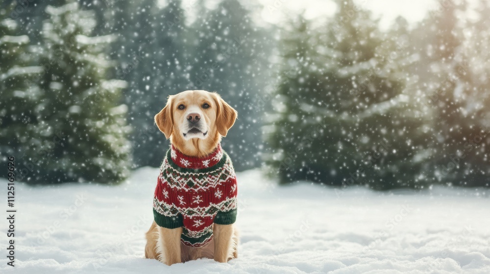 Poster Fluffy dog wearing a cozy winter sweater sits calmly in the snow, surrounded by tall evergreen trees and gentle snowfall on a winter day. Generative AI