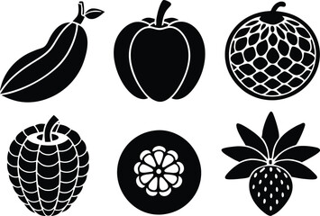 6 Vector Silhouette Fruits Icon Set - Minimalist Fruit Clipart Collection