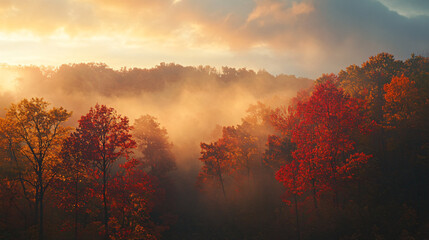 Fototapeta premium Golden sunrise over autumn trees in misty forest with vibrant red and orange leaves