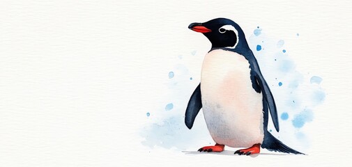 Obraz premium A charming watercolor of a gentoo penguin on a soft icy background.