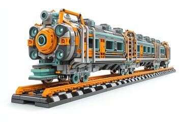 A futuristic train design with vibrant colors on a sleek railway track.