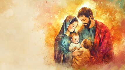 Fototapeta premium Realistic watercolor of the Holy Family, glowing halos emphasizing their divinity, with a warm, sacred background.