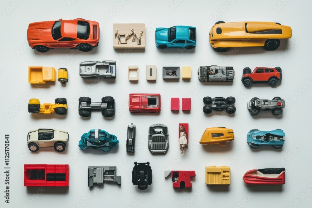 Poster flat lay display features a variety of children's toy cars, building blocks, and dolls on a white ba