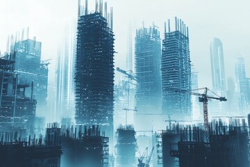 A misty skyline showcasing ongoing construction of skyscrapers at dawn.