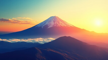 Snow-capped Mount Fuji glowing in the first light of dawn, with intricate, realistic textures and a peaceful atmosphere.