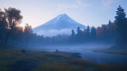 Fototapeta premium Snow-capped Mount Fuji glowing in the first light of dawn, with intricate, realistic textures and a peaceful atmosphere.