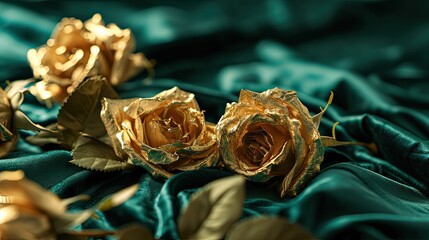 A luxurious display of gold dipped roses on a deep emerald velvet fabric 