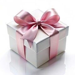 Obraz premium Snow-White Gift Box with Soft Pink Satin Bow on White Background, Clean and Modern