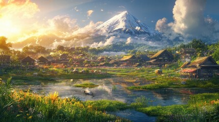 Snow-capped Mount Fuji glowing under the midday sun, with a small, traditional Japanese village in the foreground.
