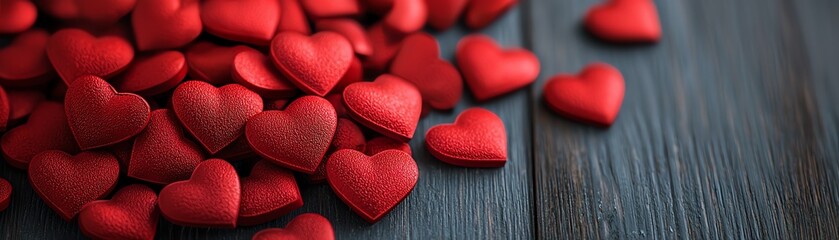 Obraz premium A pile of red heart-shaped decorations on a wooden surface.