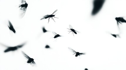 Fototapeta premium Silhouette of Flying Insects Against a White Background