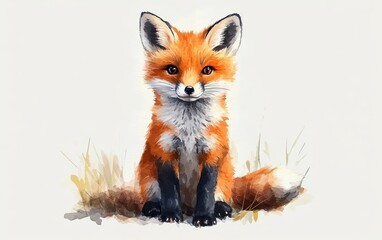 Obraz premium A cute and vibrant watercolor of a fox sitting in a grassy field.