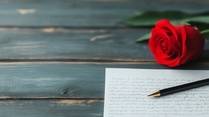 A red rose beside a pen and a paper note on a rustic wooden table.