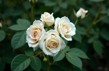 Bush large white roses, blooming flower outside garden, close-up. AI Generative