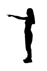 side view of  silhouette of a woman pointing finger front on white background