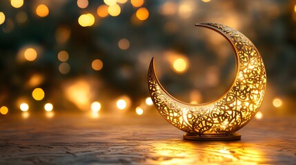 Illuminated crescent moon decoration on wooden surface with bokeh lights.