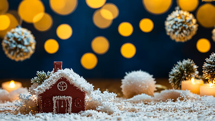 Christmas background with red and gold ornaments on sparkling white snow in foreground bokeh lights.