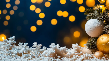 Christmas background with red and gold ornaments on sparkling white snow in foreground bokeh lights.