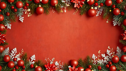 Christmas background with bright red and burgundy colors, decorated for the holiday season.