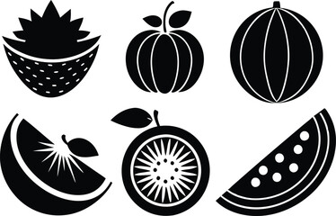 6 Vector Silhouette Fruits Icon Set - Minimalist Fruit Clipart Collection